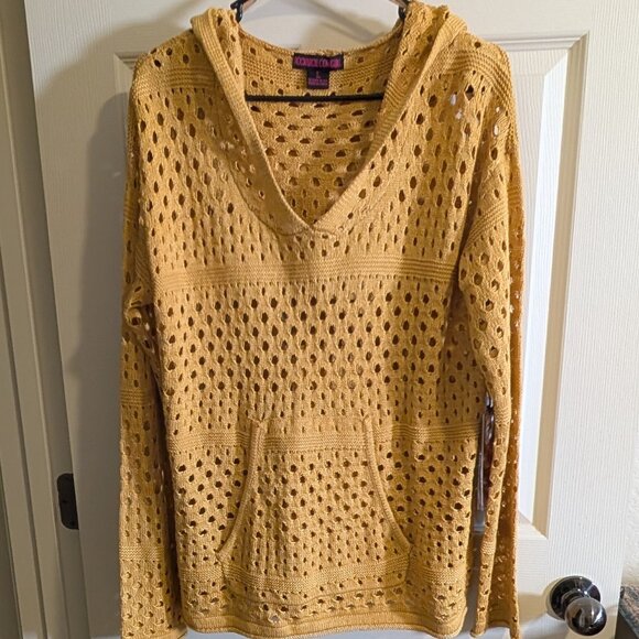 Rock & Roll Cowgirl Size L Yellow Hooded Loose Knit Sweater Front Pocket NWT - Picture 1 of 6